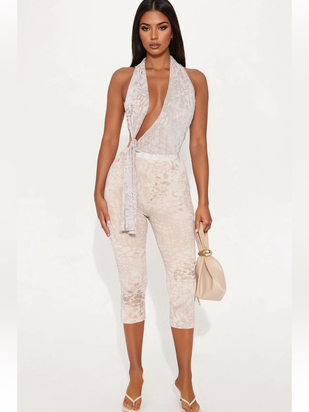 Brand New Fashion Nova Multicolor Capri Cutout Tie Up Halter Neck Jumpsuit